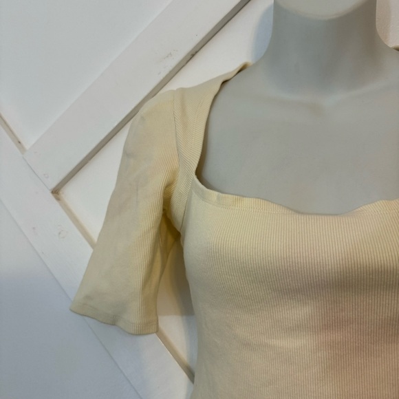 Derek Lam Puff Sleeve Square Neck Rib Knit Crop Top Yellow Cream Sz XS - Picture 3 of 9